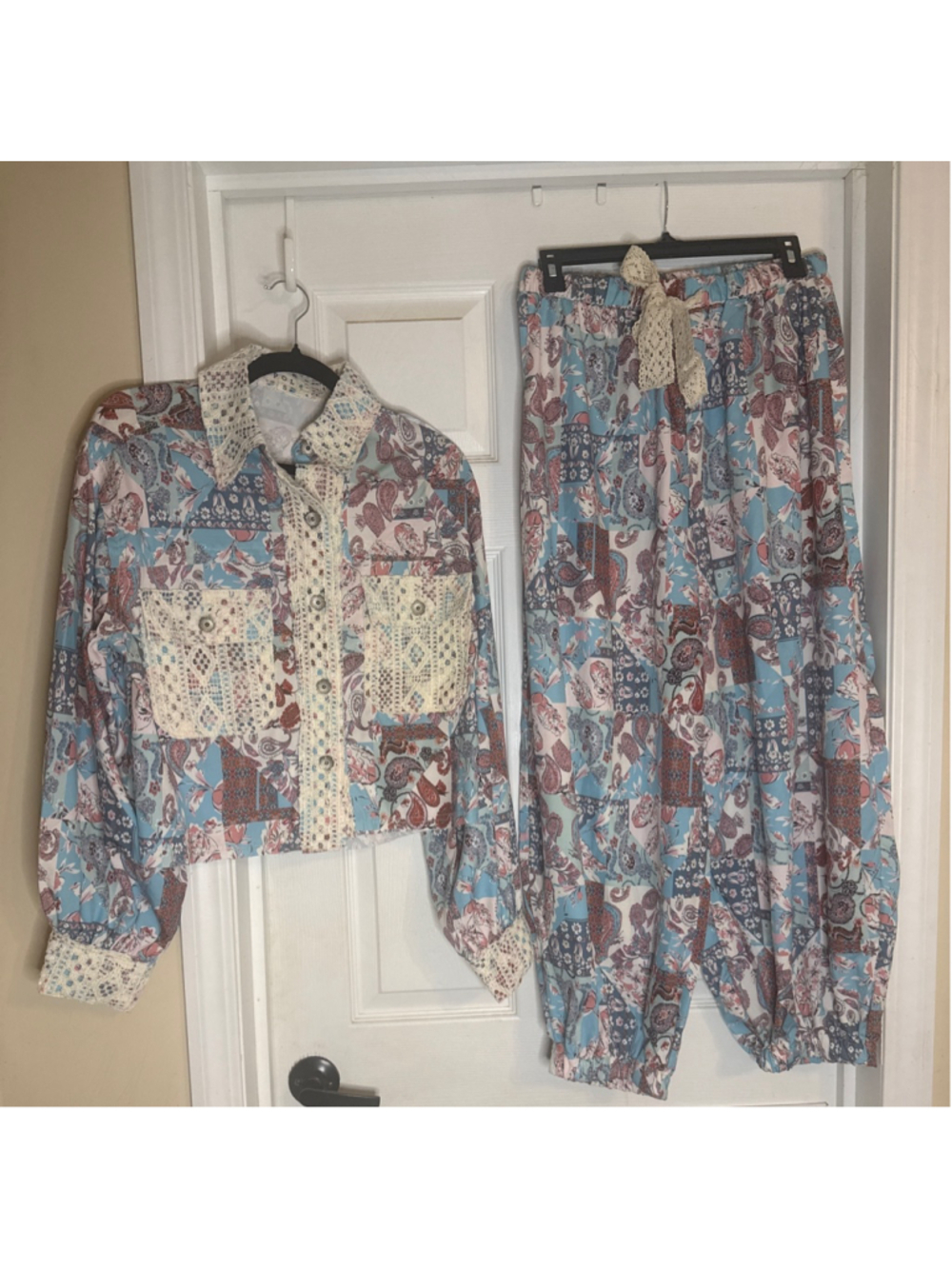 POL Blue & Pink Paisley Patchwork Wide Leg Pants Set S - Picture 2 of 6
